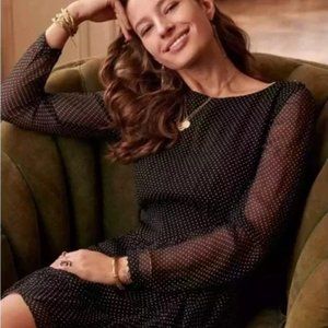 SEZANE Doria 100% Silk Chiffon Mini Dress, Black and Ecru Polka Dots, FR Size 40